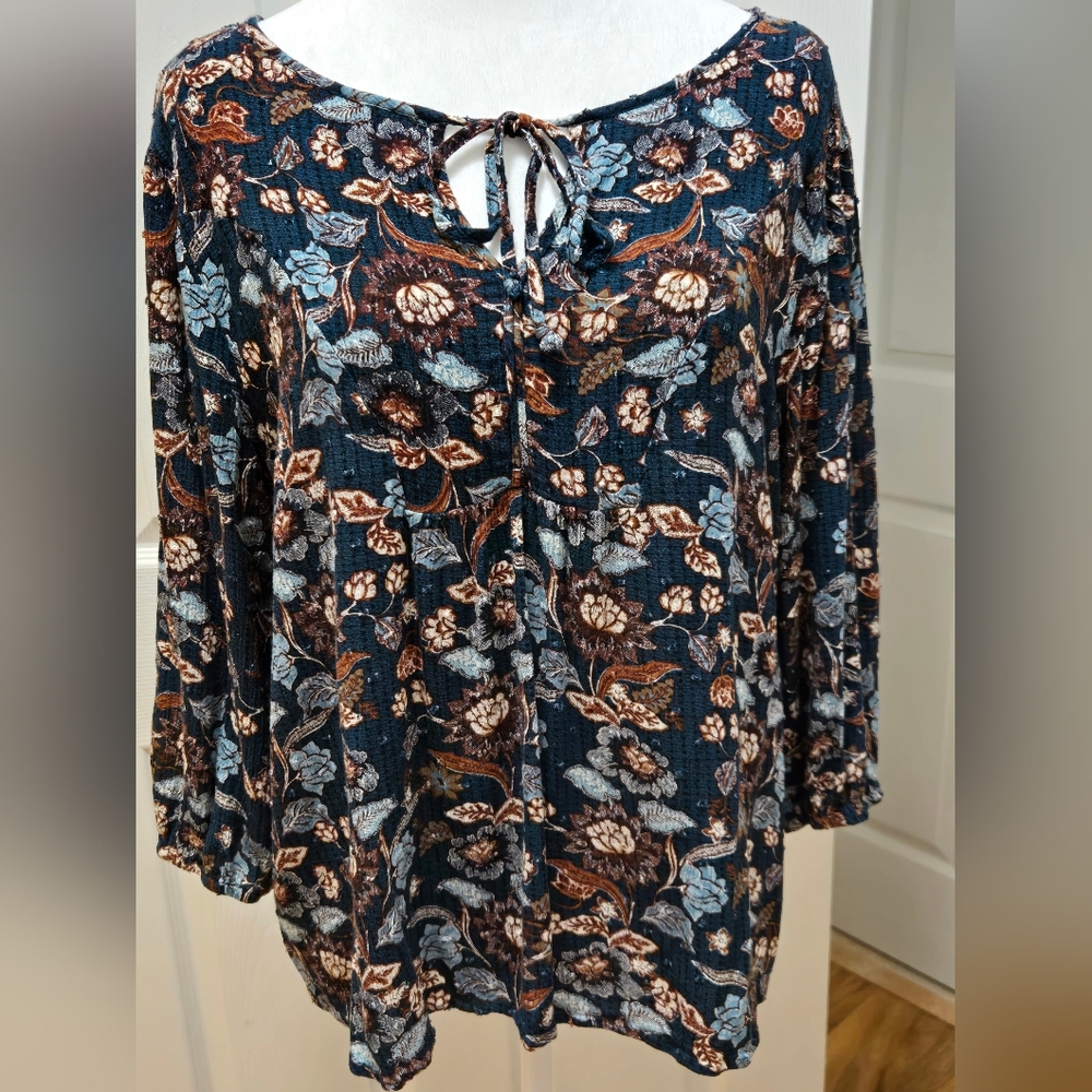 Papermoon Floral V-Neck Women's Top - Multicolor Teal Aand Brown Size L